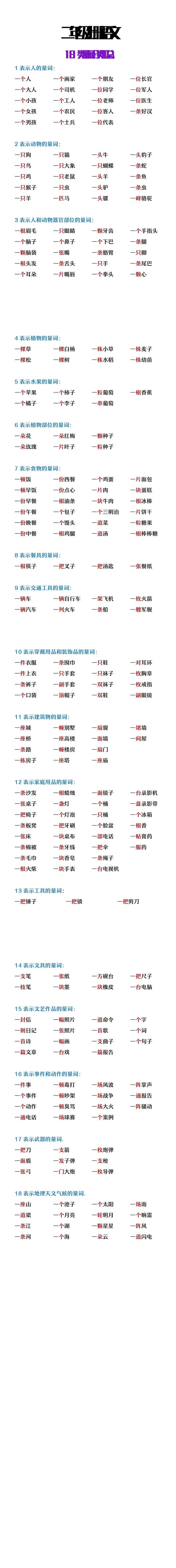 二年级上册语文18类量词大全