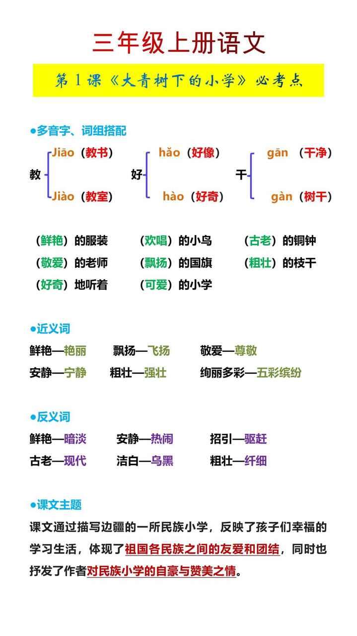 三年级上册语文第1课《大青树下的小学》必考点