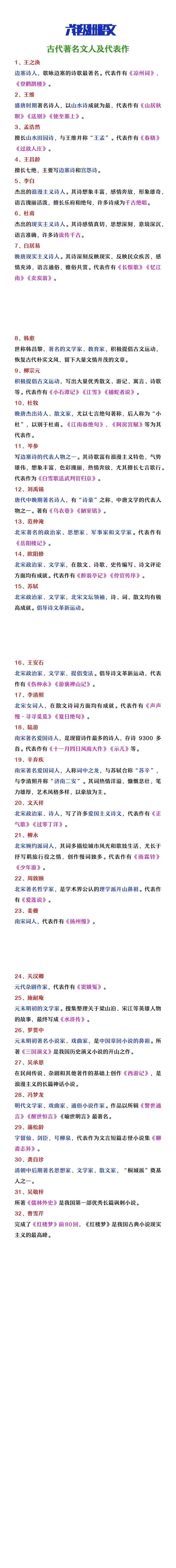 六年级上册语文古代著名文人及代表作