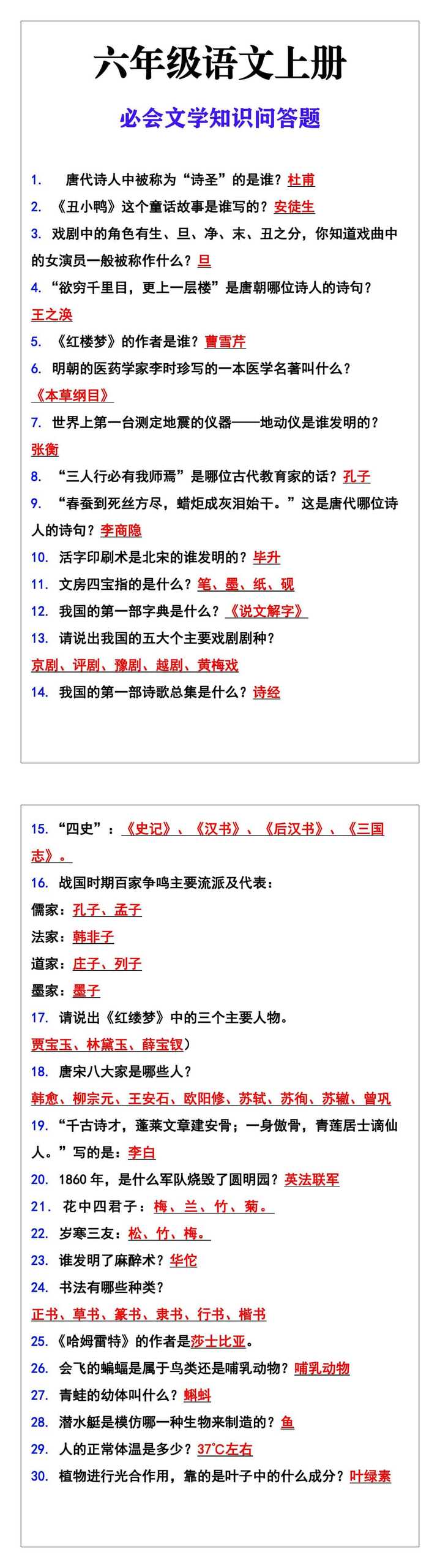 六年级语文上册文学知识问答题