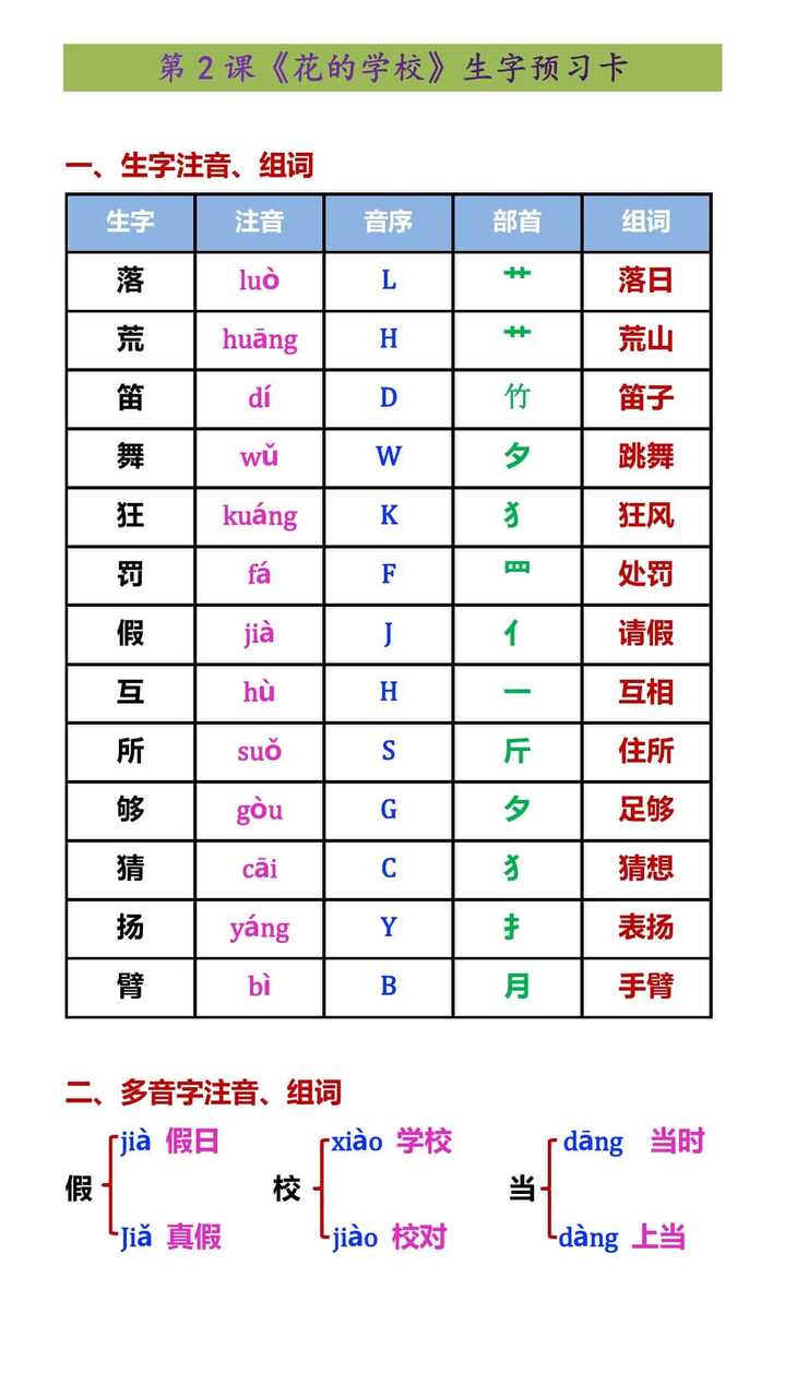 三年级上册语文第2课《花的学校》生字预习卡