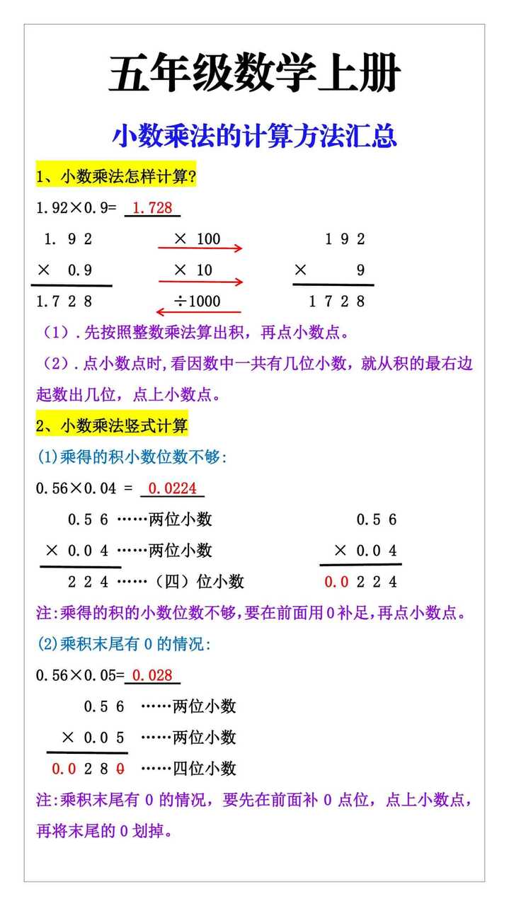五年级数学上册小数乘法的计算方法汇总