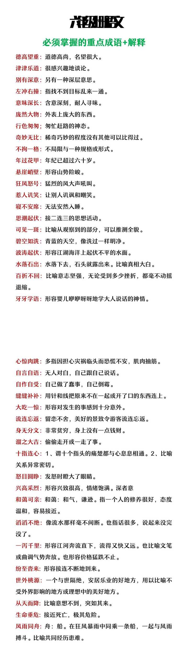 六年级上册语文必须掌握的重点成语及解释