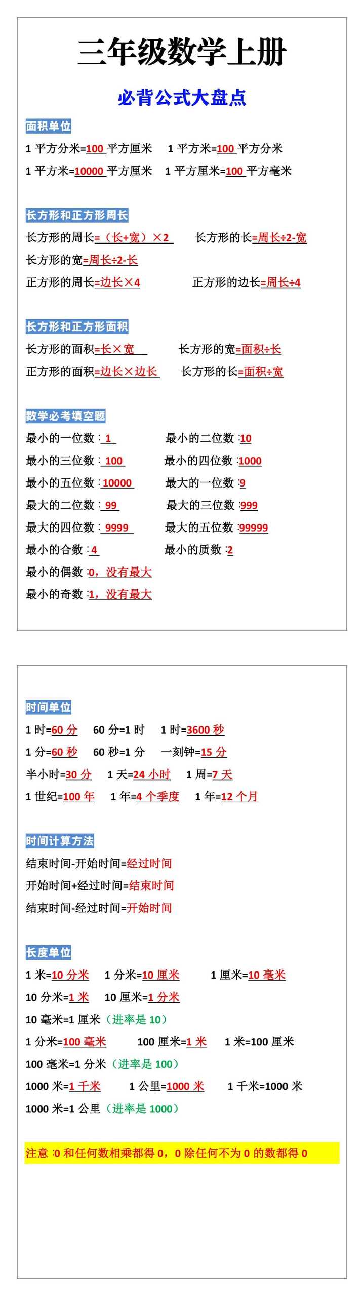 三年级数学上册必背公式大盘点