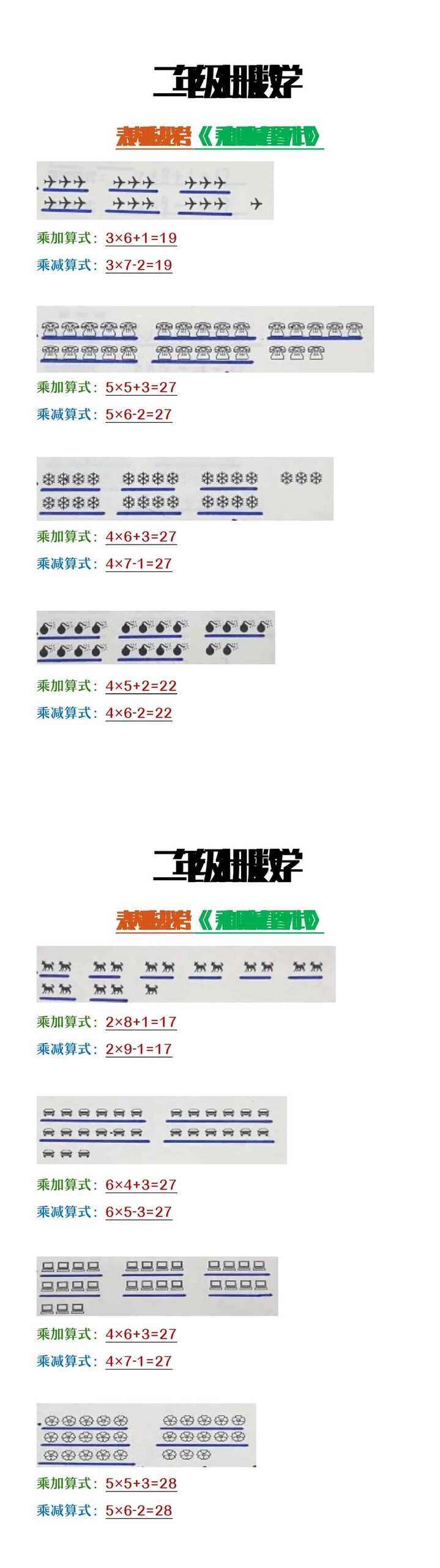 二年级上册数学《表内乘法》必考乘加乘减看图列式