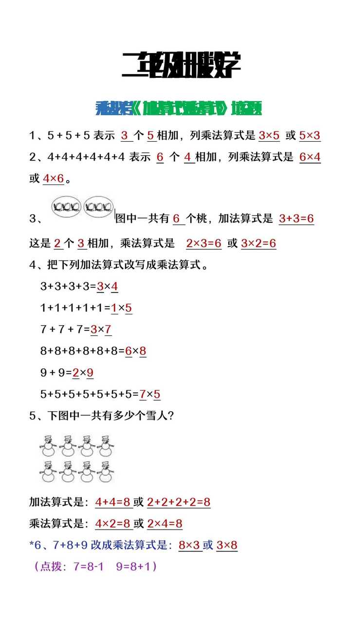 二年级上册数学乘法必考《加法算式改乘法算式》填空题