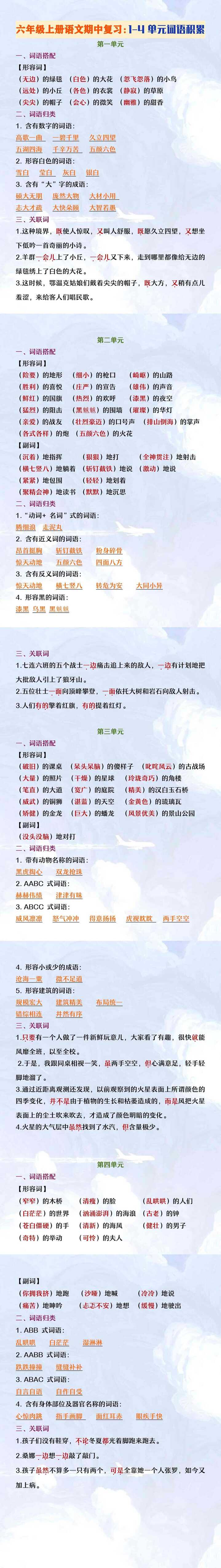 六年级上册语文期中复习1-4单元词语积累 六年级上册语文期中复习1-4单元词语积累