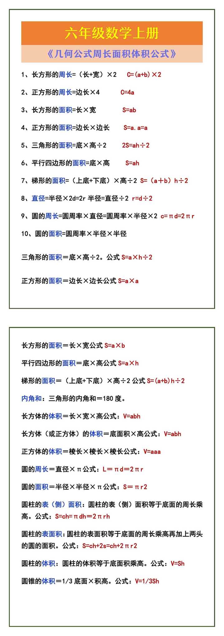 六年级数学上册 《几何公式周长面积体积公式》