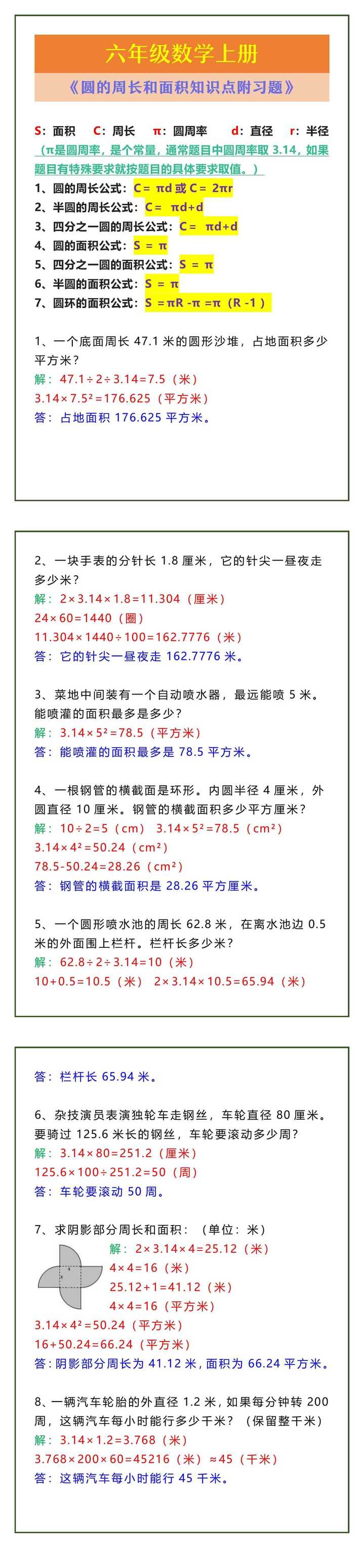 六年级数学上册 《圆的周长和面积知识点附习题》