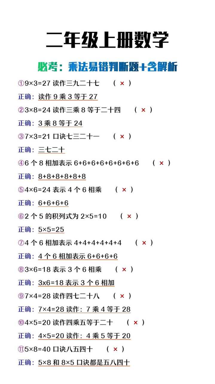二年级上册数学《乘法易错判断题及解析》