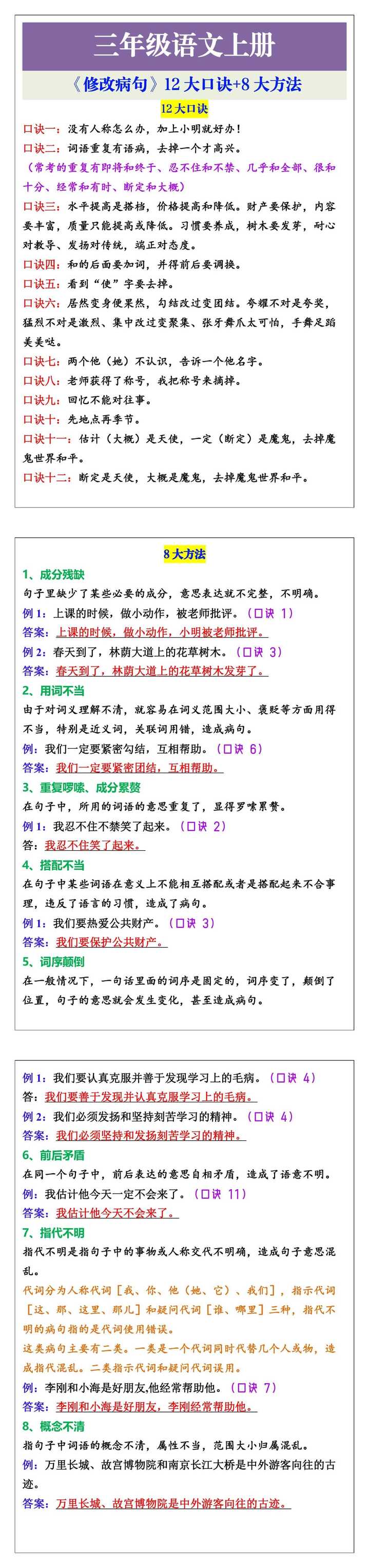 三年级语文上册《修改病句》12大口诀+8大方法
