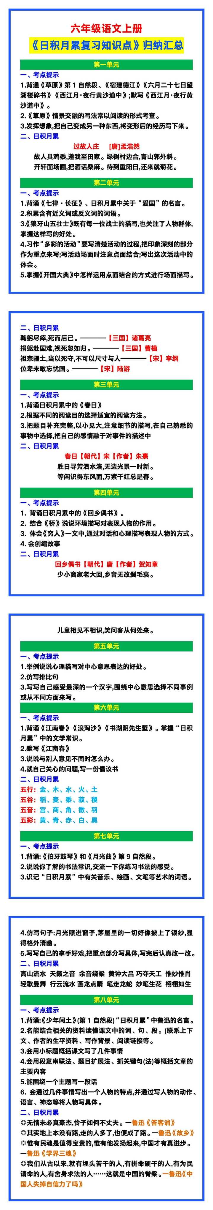 六年级语文上册《日积月累复习知识点》归纳汇总！