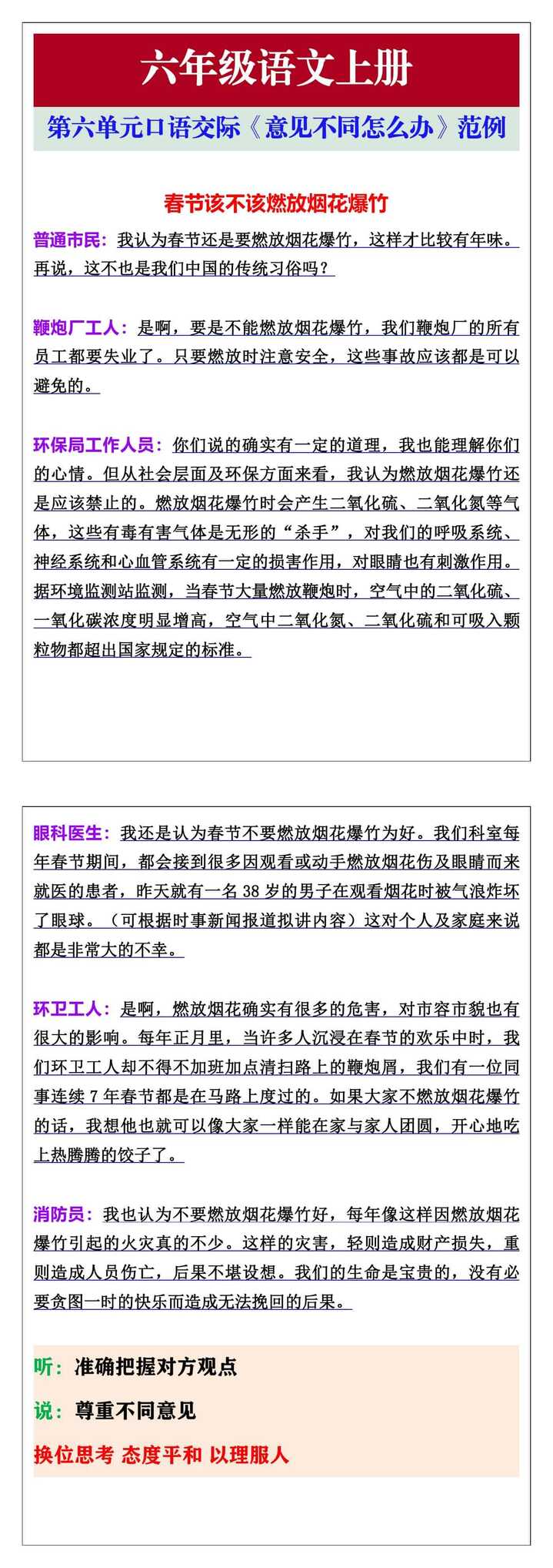 六年级语文上册第六单元口语交际《意见不同怎么办》范例