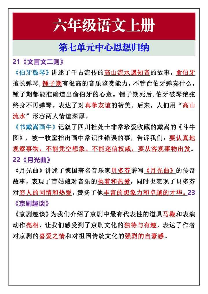六年级语文上册第七单元中心思想归纳