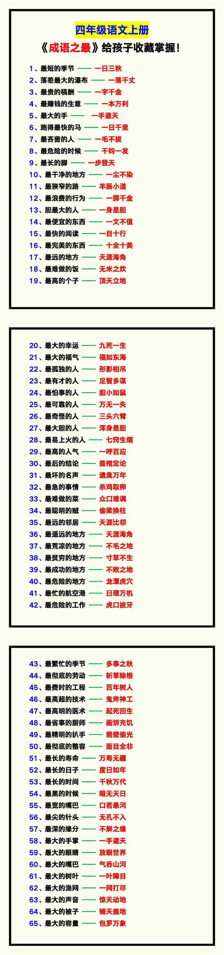 四年级语文上册《成语之最》，给孩子收藏掌握！