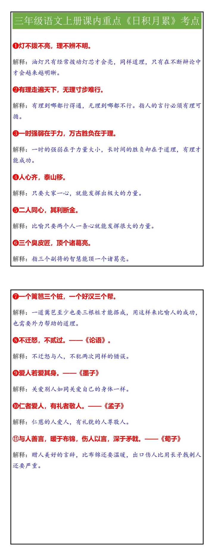 三年级语文上册课内重点《日积月累》考点