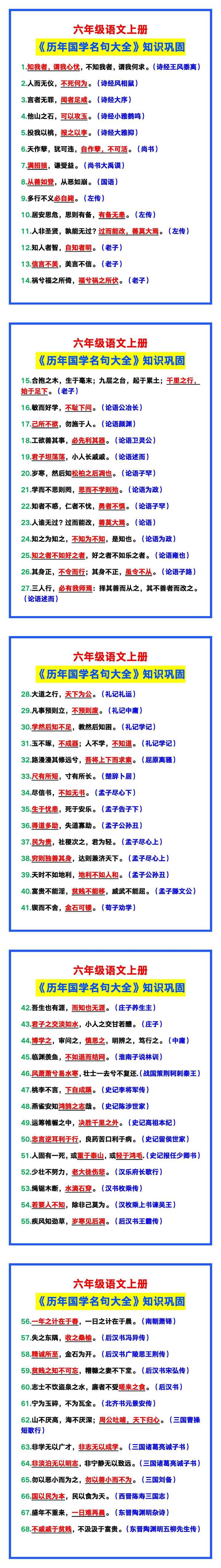六年级语文上册《历年国学名句大全》，知识巩固！