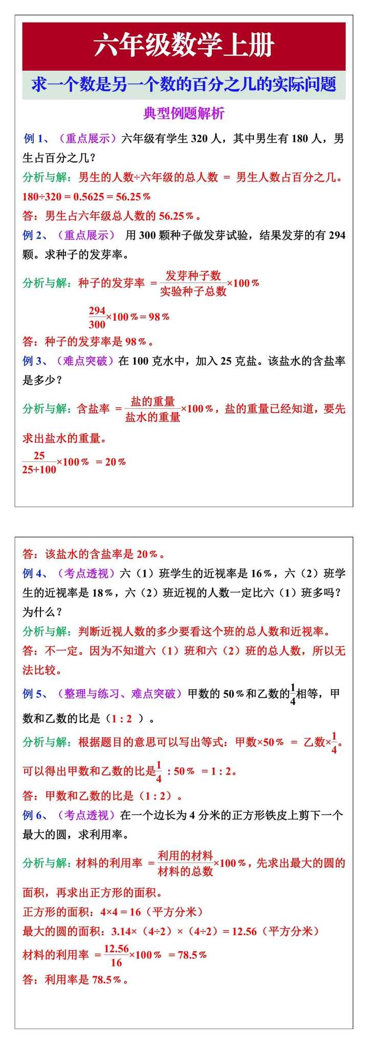 六年级数学上册求一个数是另一个数的百分之几的实际问题典型例题解析