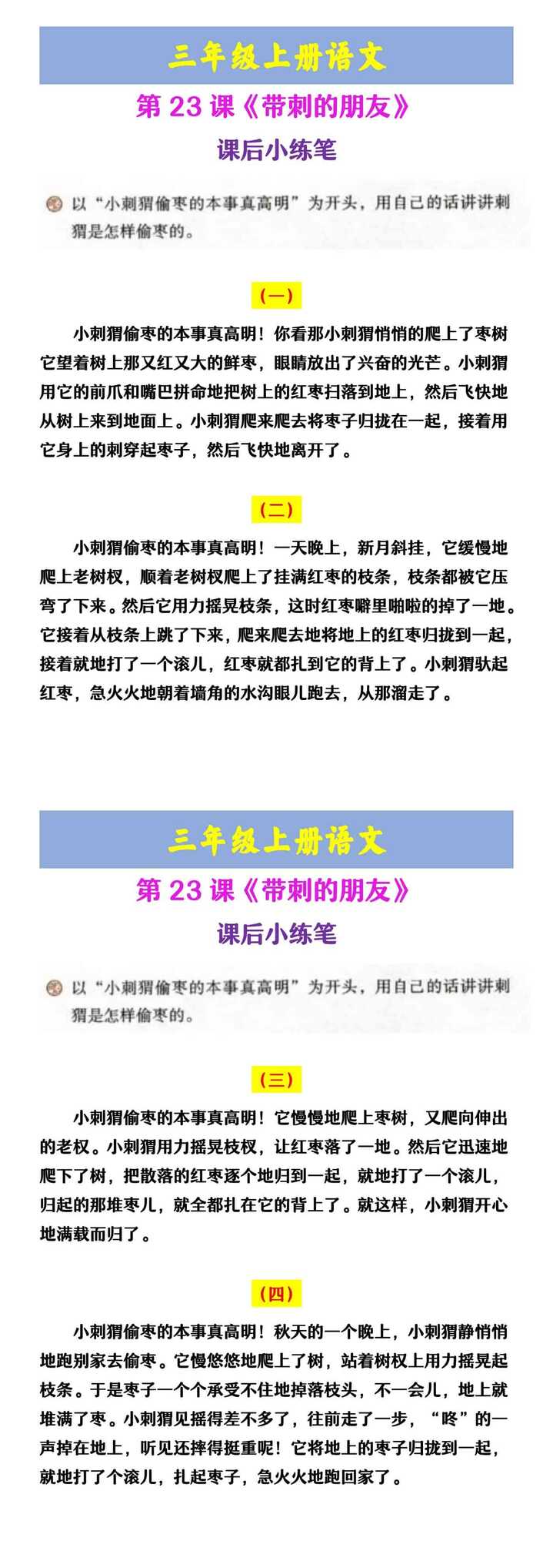 三年级上册语文 第23课《带刺的朋友》 课后小练笔