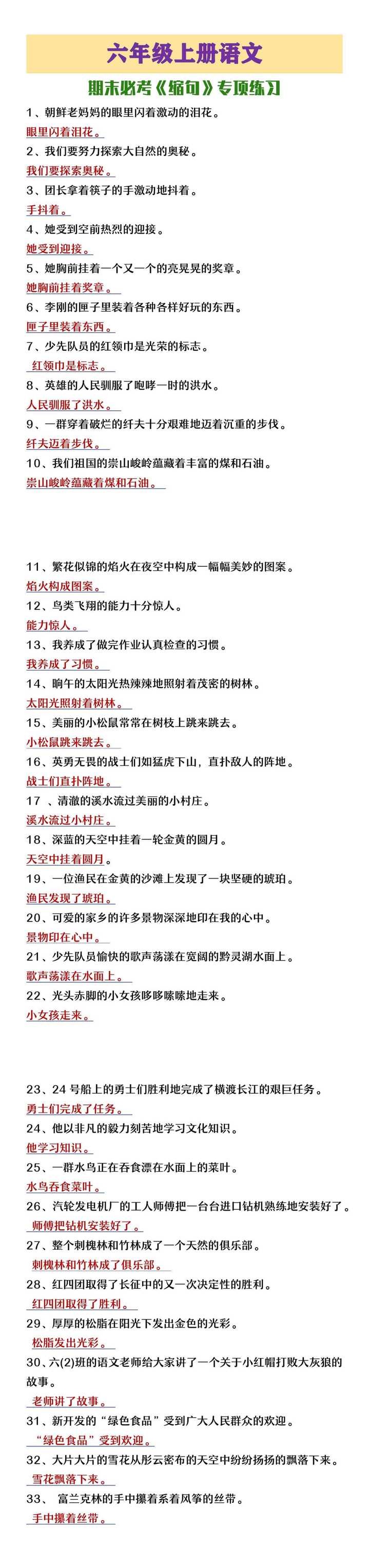 六年级上册语文缩句专项练习