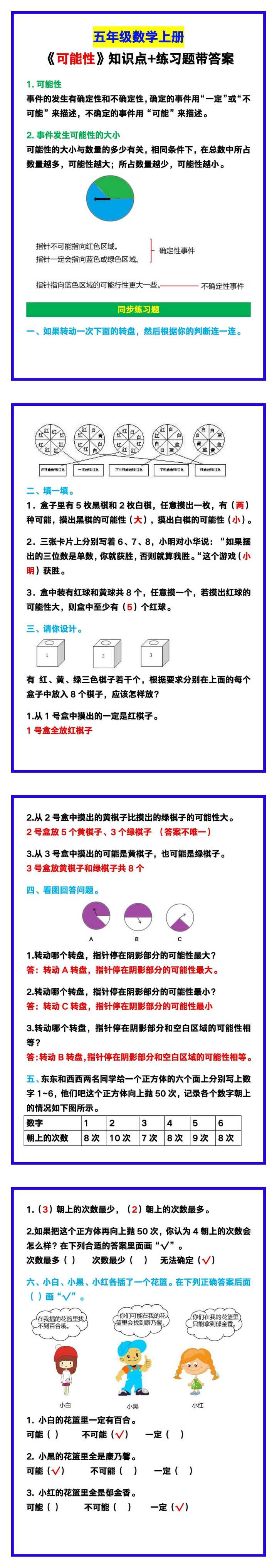 五年级数学上册《可能性》知识点+练习题！