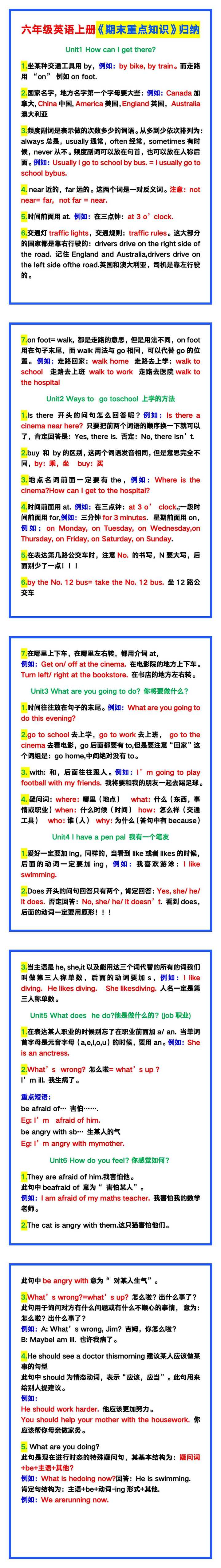 六年级英语上册《期末重点知识》归纳！