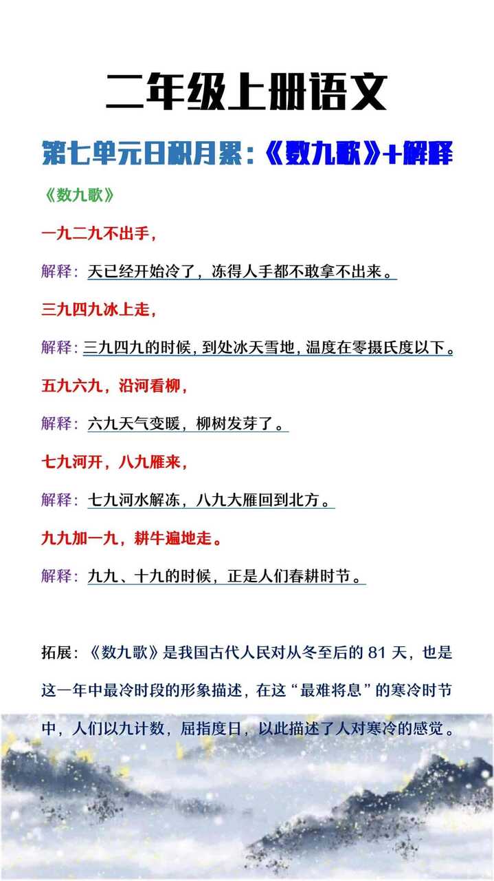 二年级上册语文日积月累七《数九歌》及解释