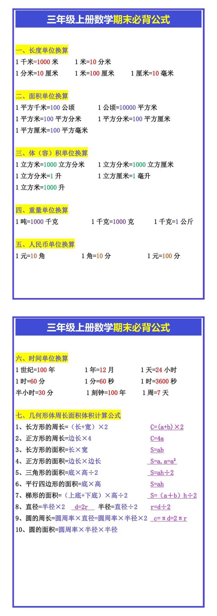 三年级上册数学期末必背公式