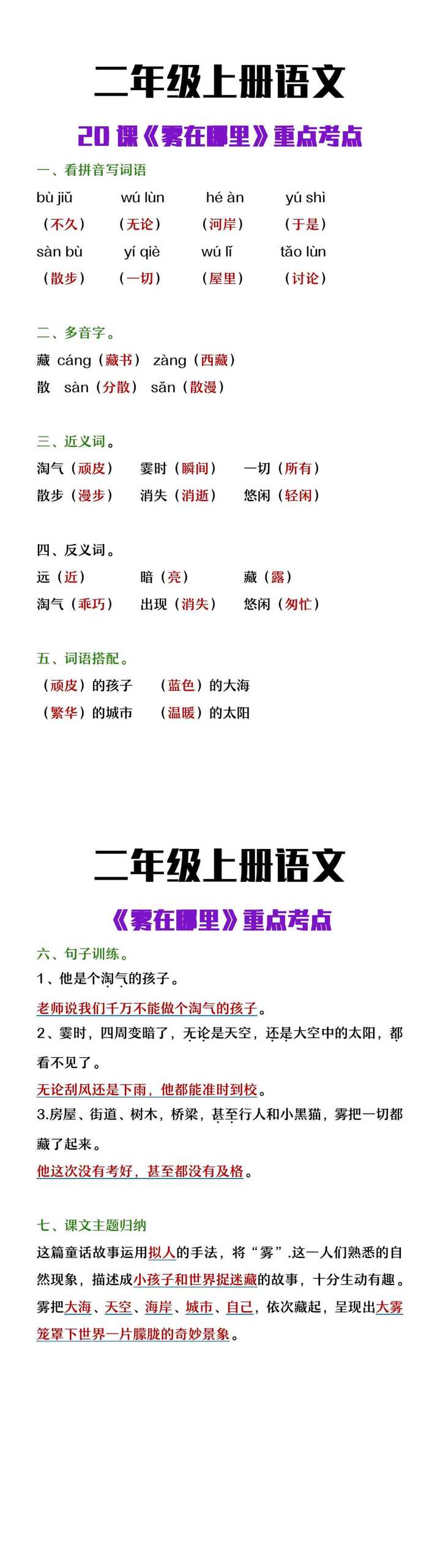 二年级上册语文《雾在哪里》重点考点梳理