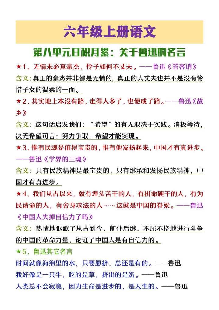 六年级上册语文第八单元日积月累+拓展