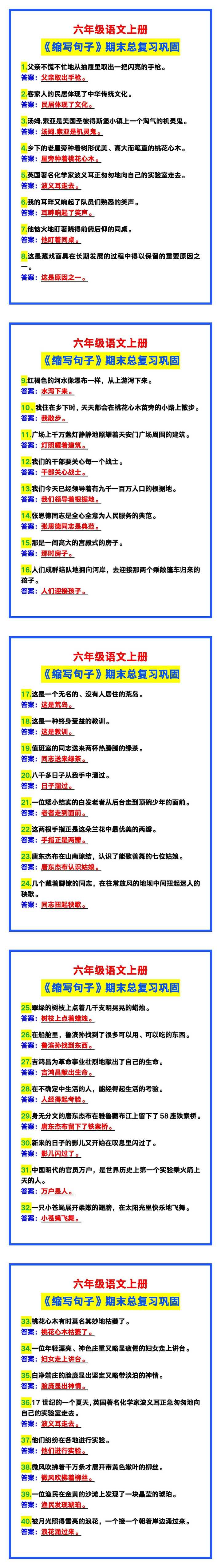 六年级语文上册《缩写句子》期末总复习！