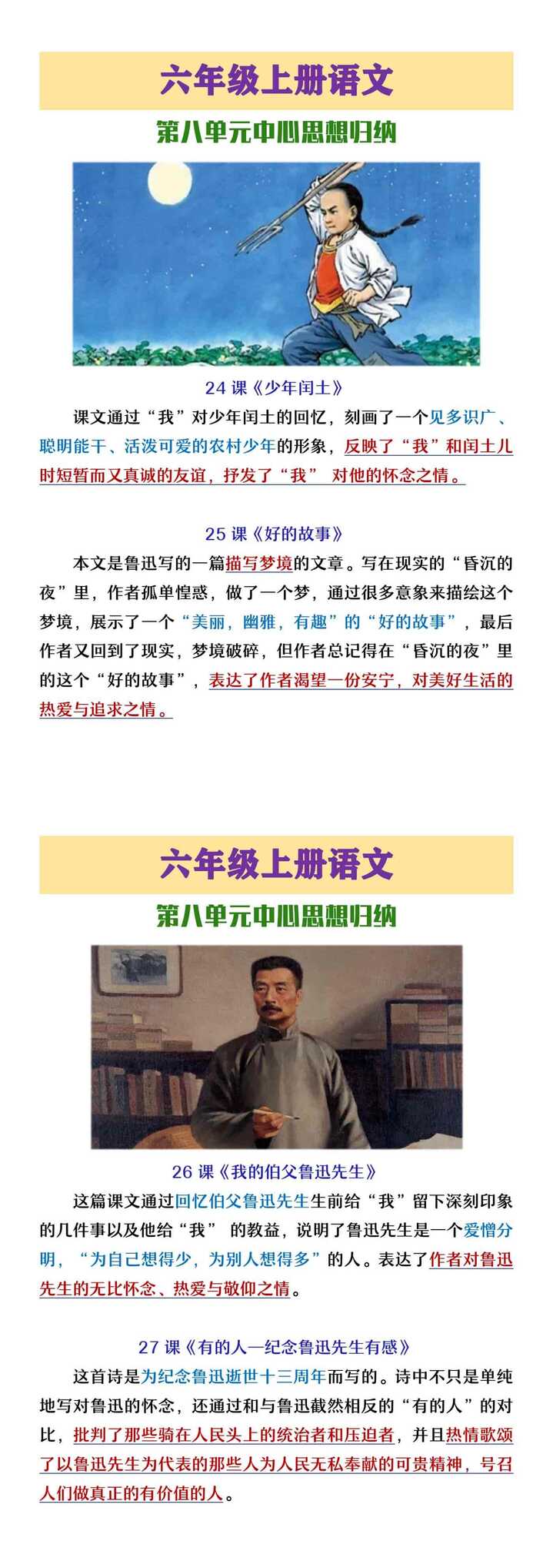 六年级上册语文第八单元中心思想归纳