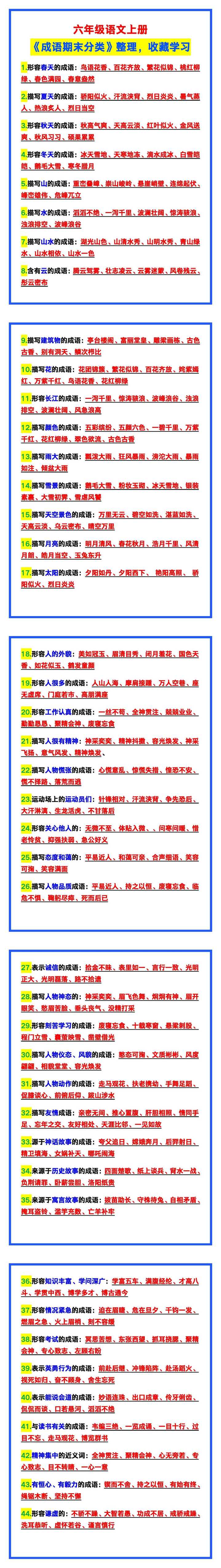 六年级语文上册《成语期末分类》整理,收藏学习! 六年级语文上册《成语期末分类》整理,收藏学习!