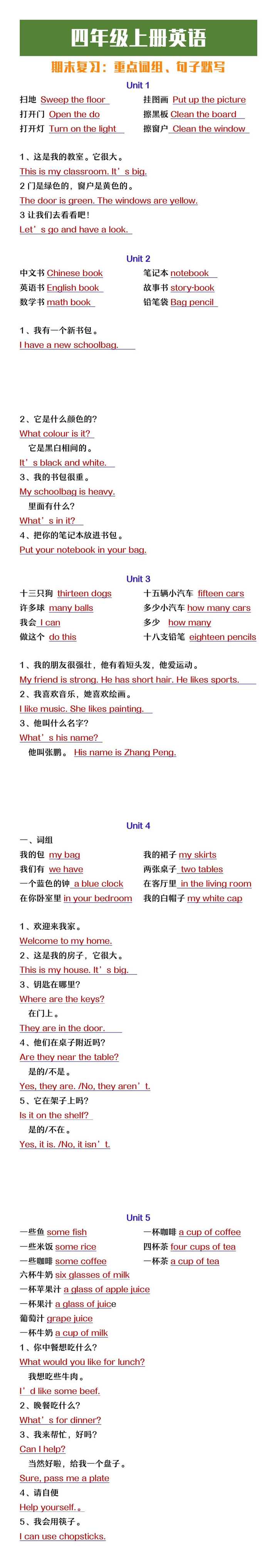 四年级上册英语期末复习必背必默短语句子