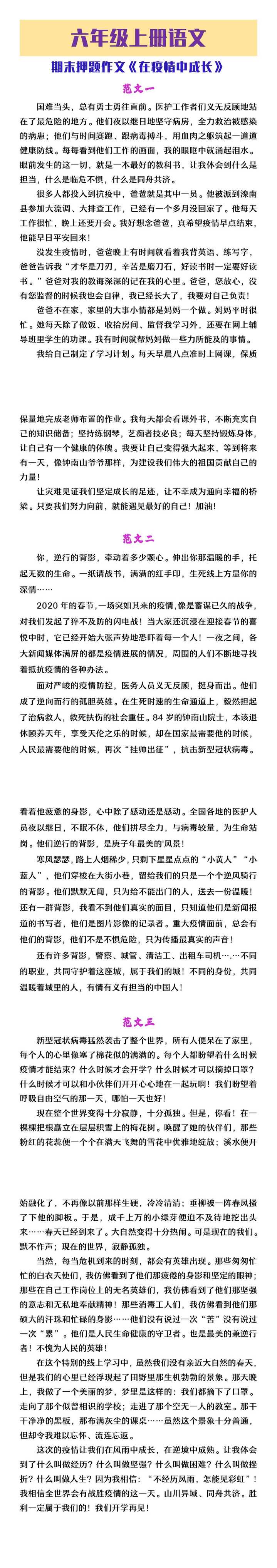 六年级上册语文期末押题作文《在疫情中成长》范文