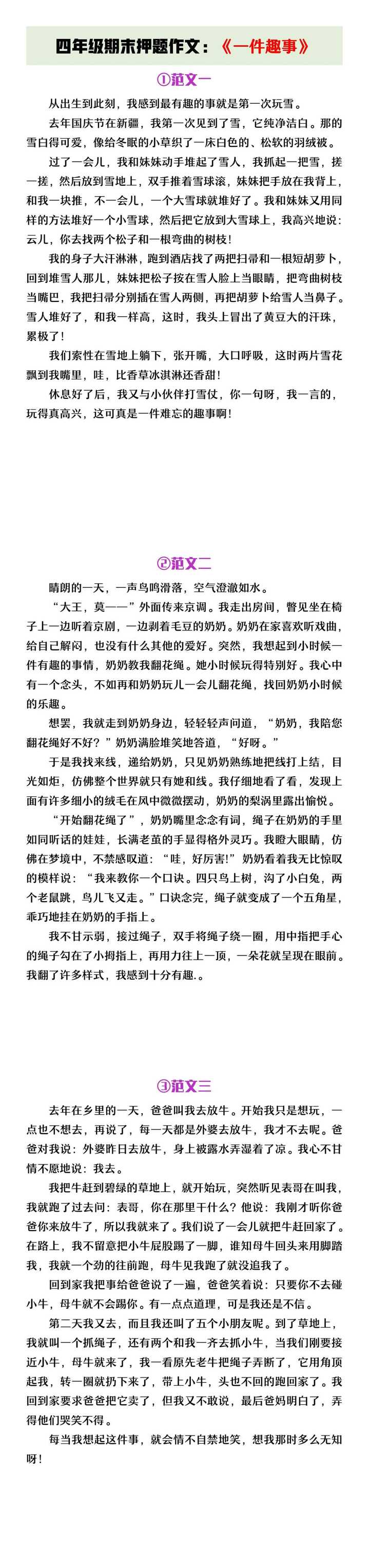 四年级期末押题作文《一件趣事》