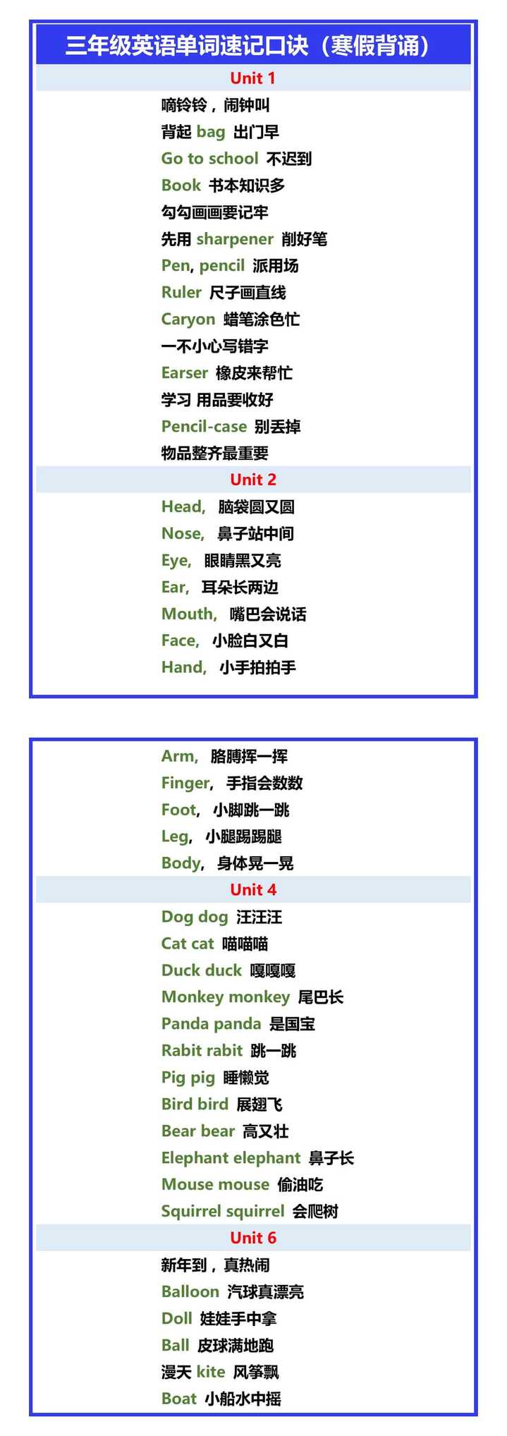 三年级英语单词速记口诀（寒假背诵）