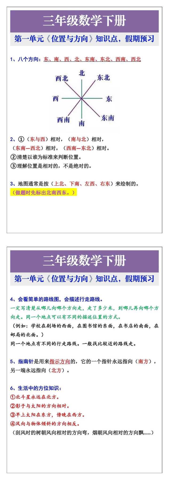 三年级数学下册第一单元《位置与方向》知识点，假期提前预习！