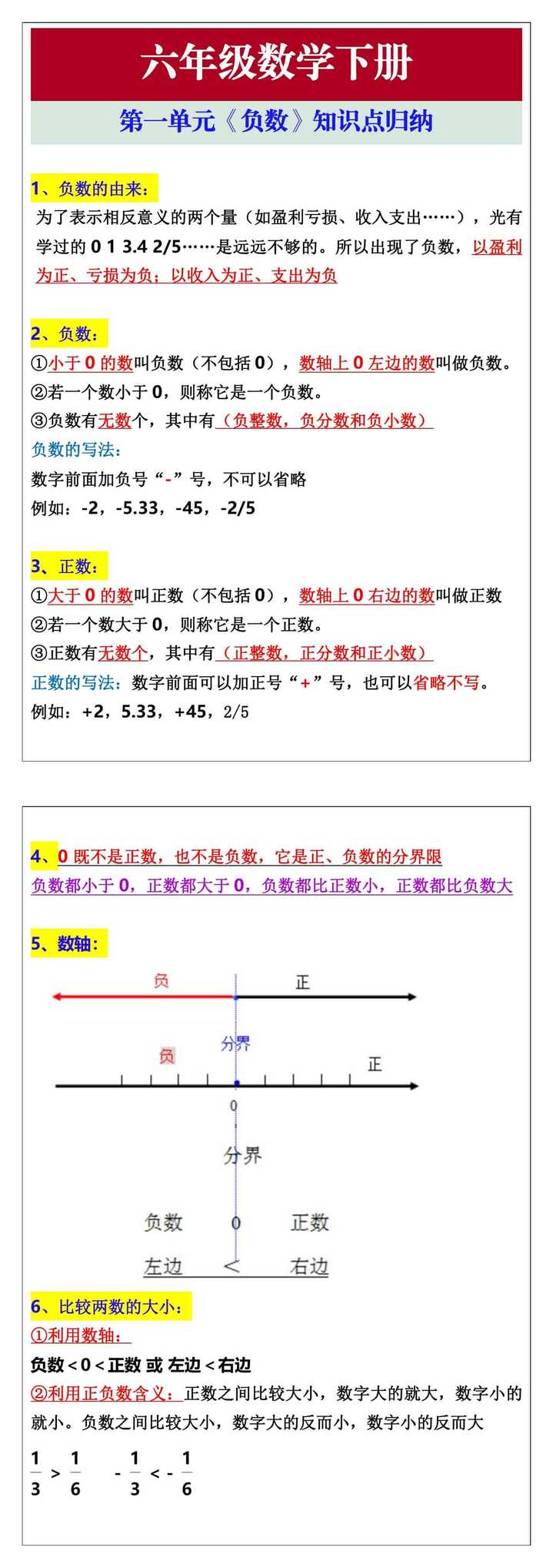 六年级数学下册第一单元《负数》知识点归纳