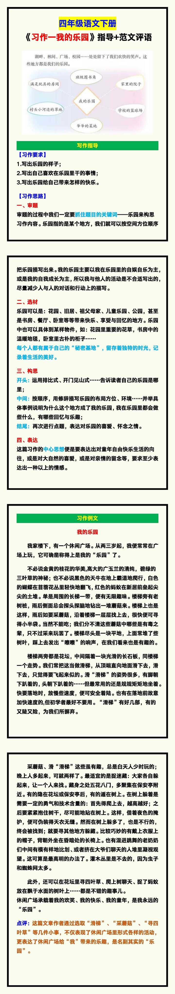 四年级语文下册《习作一我的乐园》指导+范文评语！