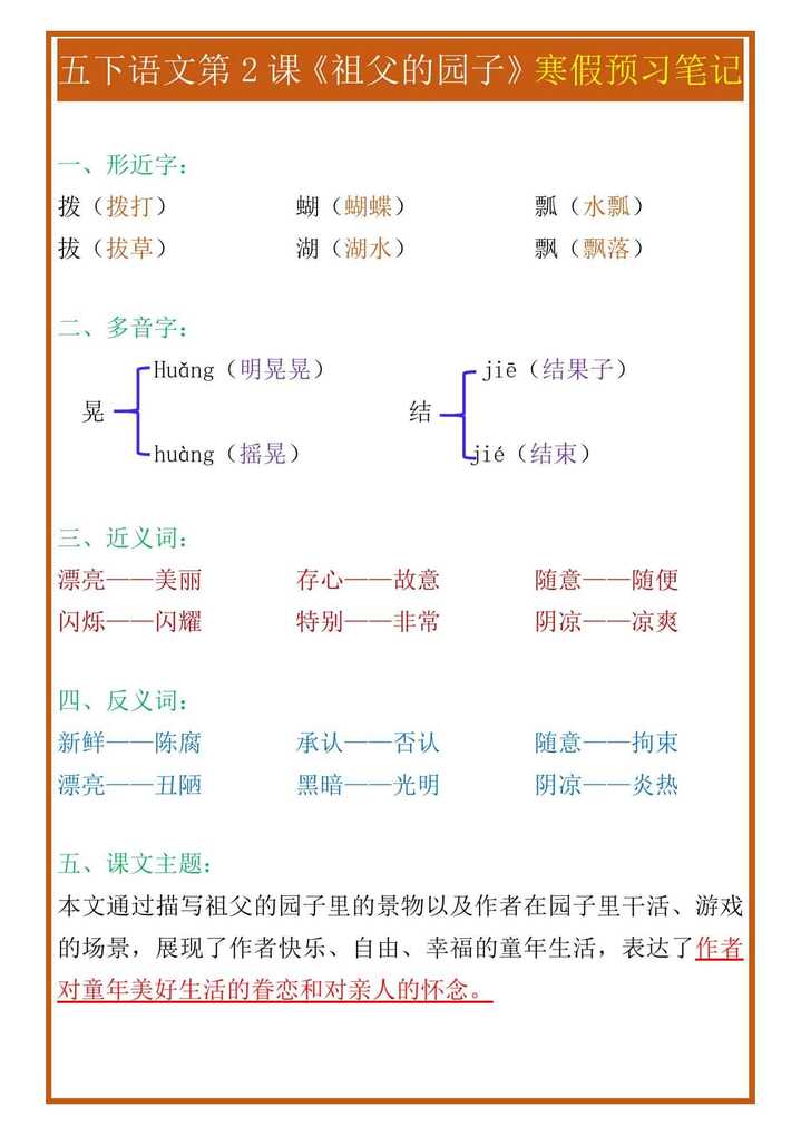 五年级下册语文第2课《祖父的园子》寒假预习笔记