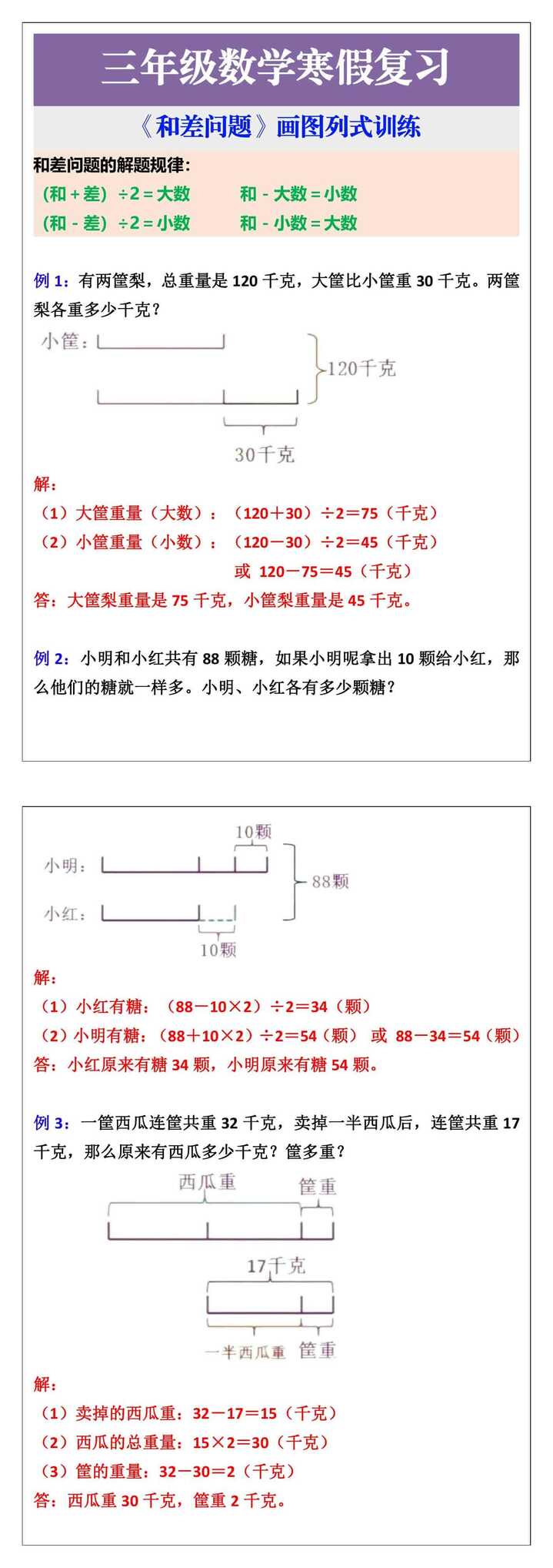 三年级数学寒假复习《和差问题》画图列式训练