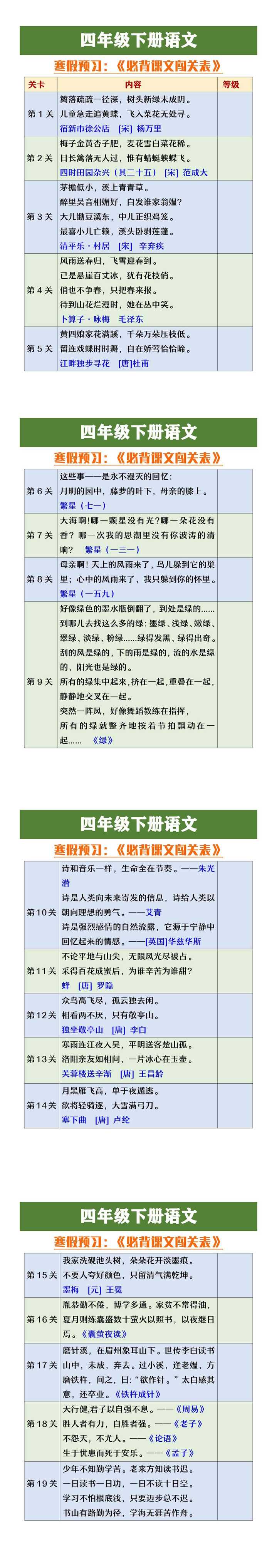 四年级下册语文寒假预习必背课文闯关表