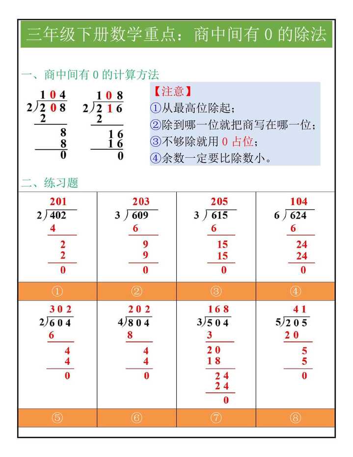 三年级下册数学重点《商中间有0的除法》练习题