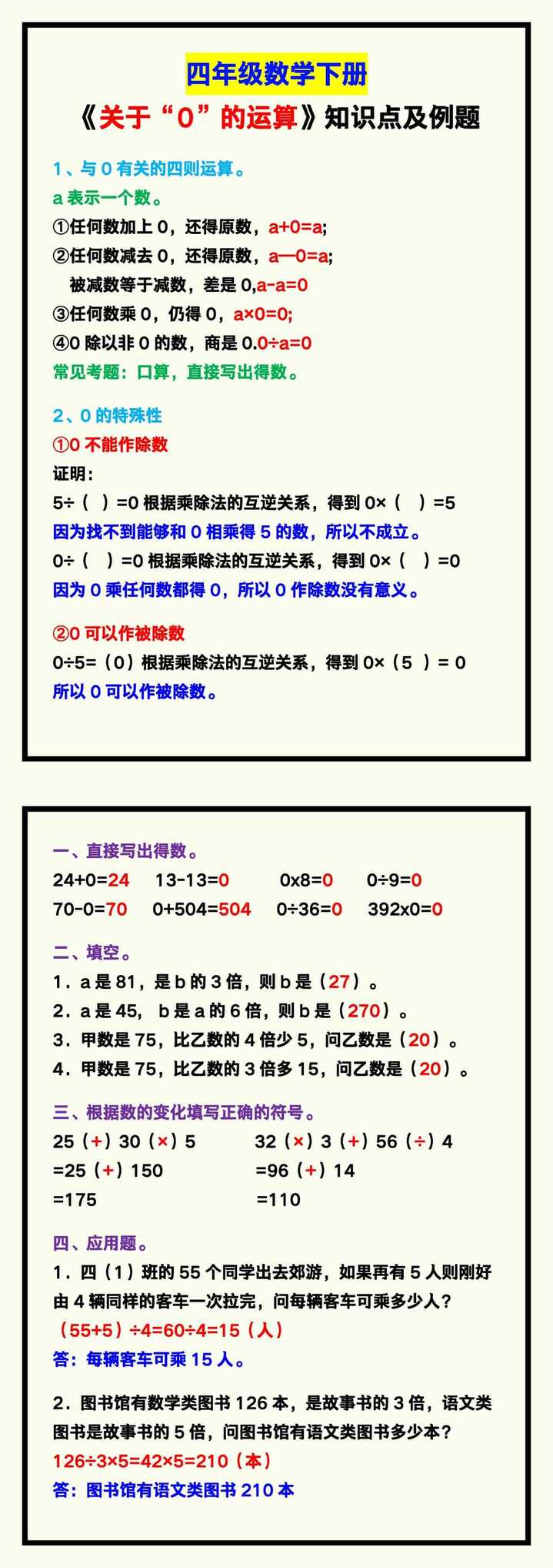 四年级数学下册《关于“0”的运算》知识点及例题！