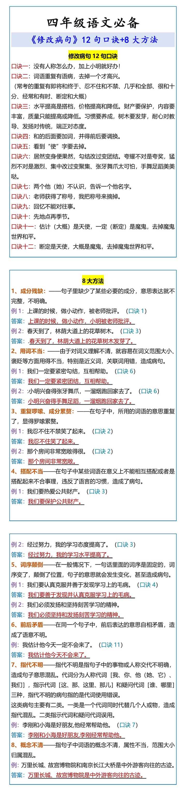 四年级语文必备 《修改病句》