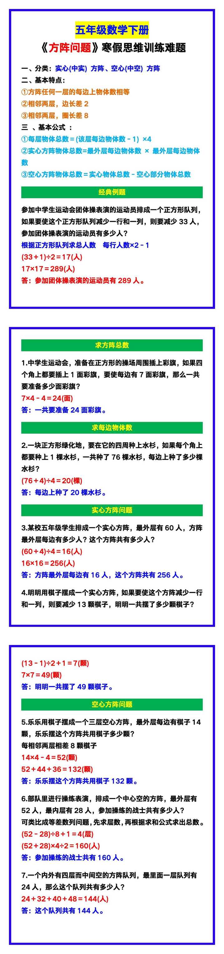 五年级数学下册《方阵问题》，寒假思维训练难题！