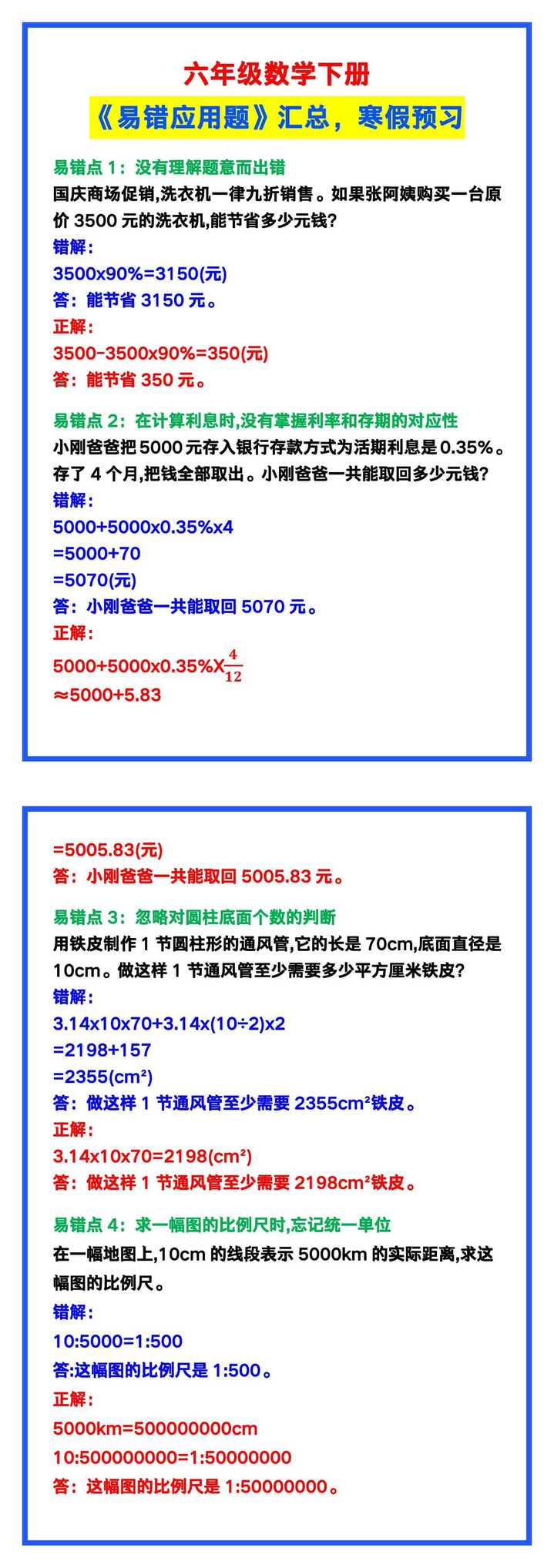 六年级数学下册《易错应用题》汇总，寒假预习！