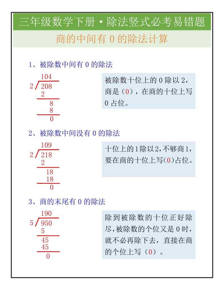 三年级数学下册除法竖式必考易错题