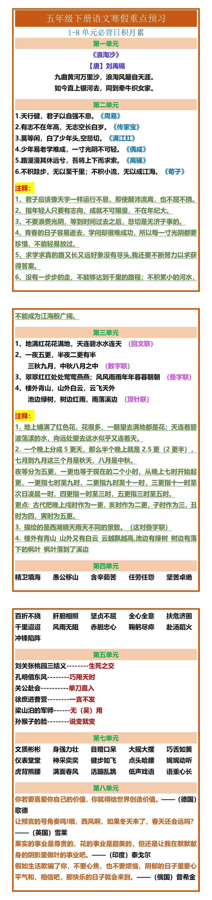 五年级下册语文1-8单元必背日积月累